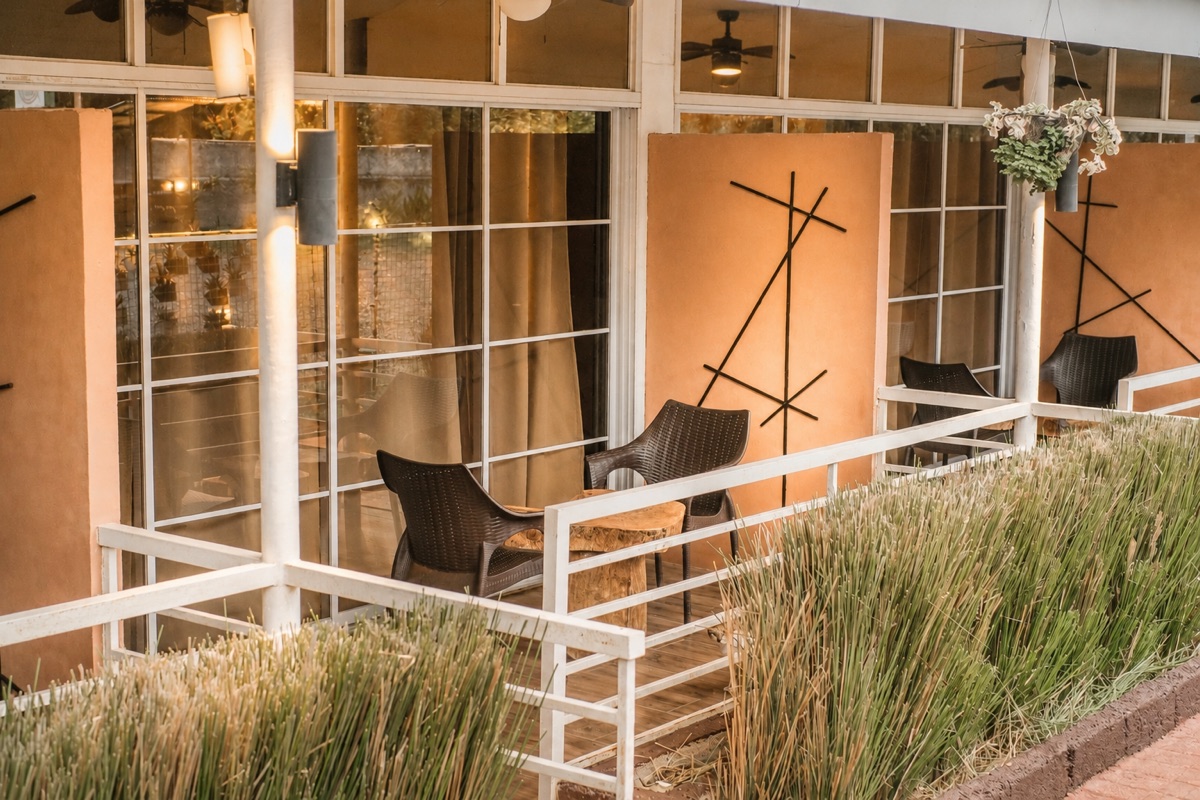 A private patio on the property at dusk