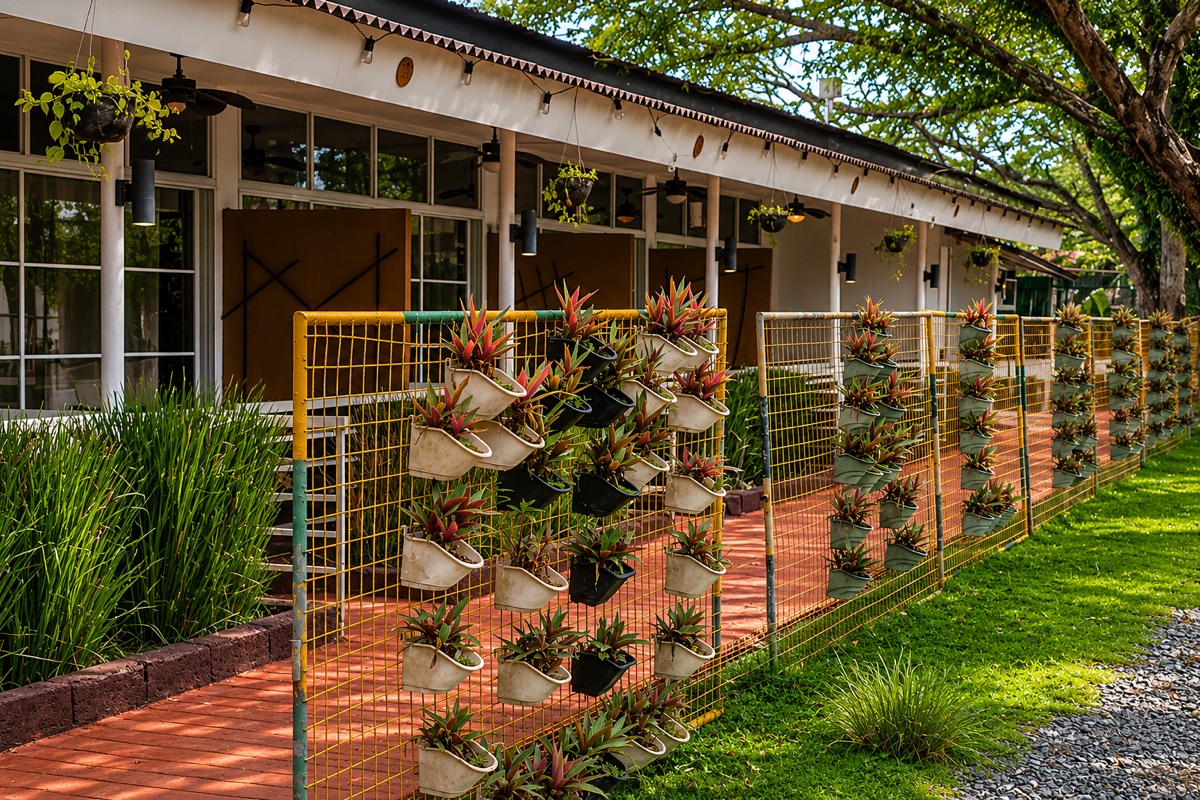 Frangipani and potted plants along the garden path